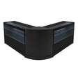 Sleek black LED shop counter set featuring a modern design with curved edges and glass display shelves for optimal visibility