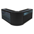 Sleek black Triton LED shop counter set featuring a modern design with glass display shelves and smooth curved edges