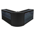 Sleek black Hera LED shop counter set featuring a modern design with glass display shelves and a curved corner for retail spaces