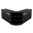 Sleek black LED shop counter set featuring a modern design with glass display tops and curved shelving for optimal product visibility