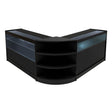 Modern black LED shop counter set featuring sleek glass display sections and curved shelving for organized product presentation