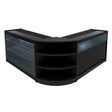 Stylish black LED shop counter set featuring a modern design with glass shelves and curved edges, ideal for retail displays