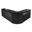 Polaris LED shop counter set in sleek black, featuring glass display shelves and a modern, curved design for retail spaces