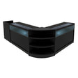 Sleek black Sagittarius LED shop counter set featuring curved design, glass display tops, and open shelving for versatile storage