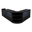 Black Eclipse LED shop counter set featuring a sleek design with glass display shelves and curved edges for modern retail spaces