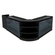 Black Astro LED shop counter set featuring sleek curved design, glass shelves, and integrated lighting for product display