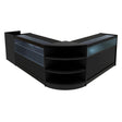Sleek black Europa LED shop counter set featuring glass display sections and curved shelving, ideal for retail environments
