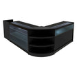 Black Hyperion LED shop counter set featuring sleek glass displays, curved edges, and ample storage space for retail products