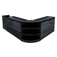 Black LED shop counter set featuring a modern design with curved edges, glass shelves, and ample storage space for displays