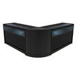 Sleek black Iris LED shop counter set featuring two display units with glass tops and illuminated shelves, ideal for retail spaces