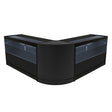 Sleek black LED shop counter set featuring a modern design with two display cases and a curved center section for optimal visibility