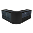 Sleek black Hera LED shop counter set featuring curved design, glass shelves, and modern lighting for stylish retail display