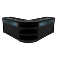 Sleek black LED shop counter set featuring two display cases with glass tops and curved shelves for organized merchandise presentation