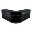 Sleek black Harmonia LED shop counter set featuring glass display sections and curved shelves, ideal for retail environments