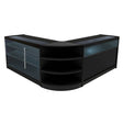 Black Demeter LED shop counter set featuring sleek glass displays, curved design, and multiple storage shelves for retail use