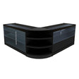 Stylish black LED shop counter set featuring sleek glass shelves and a modern design, perfect for retail displays and merchandising