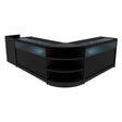 Sleek black Sagittarius LED shop counter set featuring curved design, glass display tops, and multiple storage shelves for organization