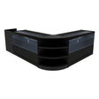 Sleek black Eclipse LED shop counter set featuring curved design, glass display cases, and open shelving for versatile retail use