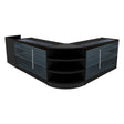 Sleek black Astro LED shop counter set featuring curved design, glass shelves, and modern chrome accents for stylish display