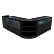 Modern black LED shop counter set featuring sleek glass displays, curved edges, and ample shelving for organized merchandise