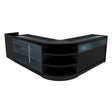Sleek black Hyperion LED shop counter set featuring glass display shelves and curved design, ideal for retail environments