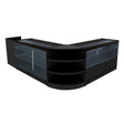 Black Theia LED shop counter set featuring sleek glass displays, curved edges, and ample storage for an organized retail space
