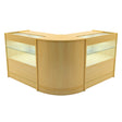 Maple wood LED shop counter set featuring a sleek, curved design with glass display sections for showcasing products