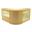 Curved maple LED shop counter set featuring glass display shelves, ideal for showcasing products in retail environments