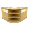 Maple LED shop counter set featuring a modern design with curved edges, glass display tops, and multiple open shelves for storage