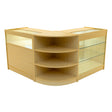 Maple LED shop counter set featuring a modern design with glass display shelves, curved edges, and a warm wood finish