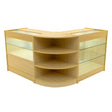 Maple LED shop counter set featuring a modern design with glass display shelves, curved edges, and a warm wood finish