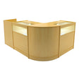 Luna LED shop counter set in maple finish, featuring a modern curved design, illuminated display areas, and sleek, smooth surfaces