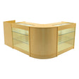 Maple wood LED shop counter set featuring a sleek, modern design with glass display shelves and a curved front for easy access
