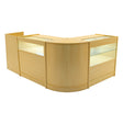 Maple wood shop counter set featuring a sleek, modern design with glass display sections and smooth, rounded edges