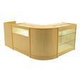 Maple wood LED shop counter set featuring sleek curves, glass display shelves, and a modern design ideal for retail environments
