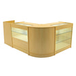 Maple wood LED shop counter set featuring curved design, glass display shelves, and a smooth, polished finish for modern retail spaces