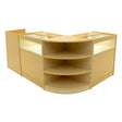 Maple wood Sagittarius LED shop counter set featuring curved design, glass display tops, and multiple shelves for organized storage