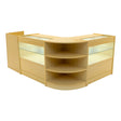 Maple wood LED shop counter set featuring curved shelves and glass display sections, ideal for retail environments