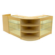 Astro LED shop counter set in maple finish features curved glass shelves, modern design, and illuminated display areas for products