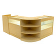 Curved maple LED shop counter set featuring glass display cases, open shelving, and a sleek, modern design for retail spaces