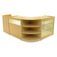 Curved maple LED shop counter set featuring glass display shelves and warm lighting, ideal for retail environments