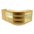 Maple LED shop counter set featuring curved glass shelves, sleek design, and a warm wood finish, ideal for retail displays