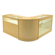 Maple wood LED shop counter set featuring a sleek, curved design with glass display shelves and integrated lighting for visibility
