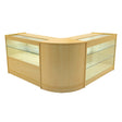 Hera LED shop counter set in maple finish features a modern, curved design with glass display shelves for enhanced visibility