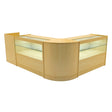Maple wood LED shop counter set featuring sleek glass display sections, curved edges, and a modern design for retail spaces