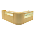 Maple wood shop counter set featuring a modern design with glass display sections, smooth surfaces, and rounded edges for a sleek look