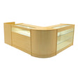 Maple wood LED shop counter set featuring a modern design with glass display shelves and smooth, rounded edges for a sleek look