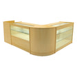Curved maple LED shop counter set featuring glass display shelves, ideal for showcasing products in retail environments