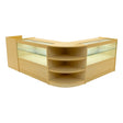 Maple wood LED shop counter set featuring a sleek design with glass display shelves and curved edges, ideal for retail spaces