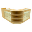Maple wood Astro LED shop counter set featuring curved glass display shelves, ideal for showcasing merchandise in retail spaces